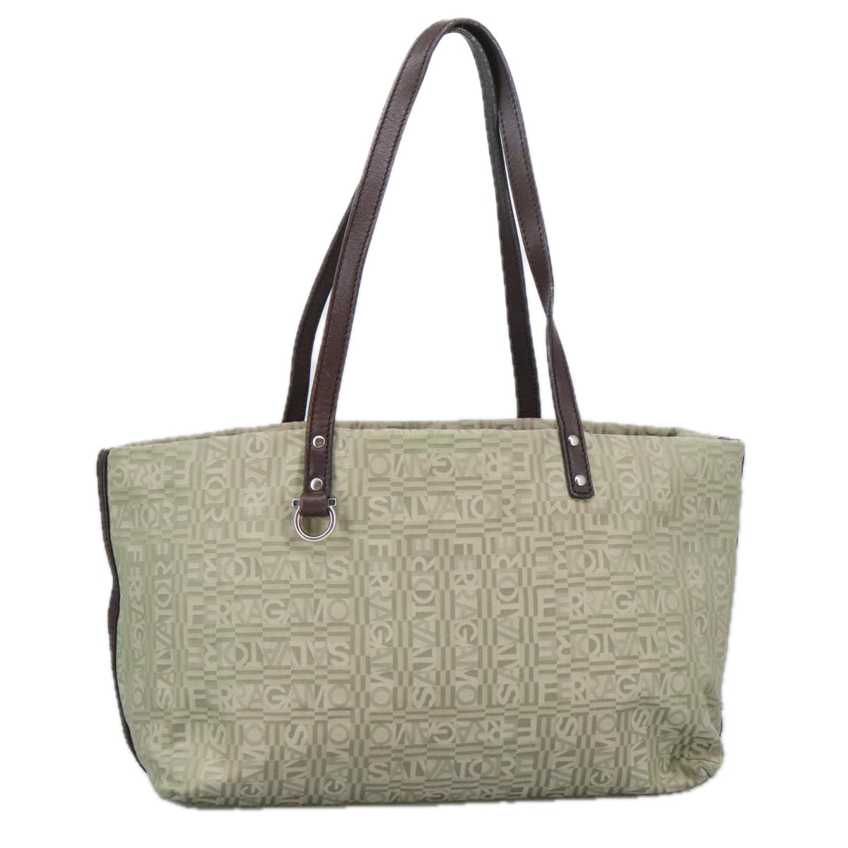 Salvatore Ferragamo Gancini Tote Bag Canvas Green Brown Silver Auth bs19496