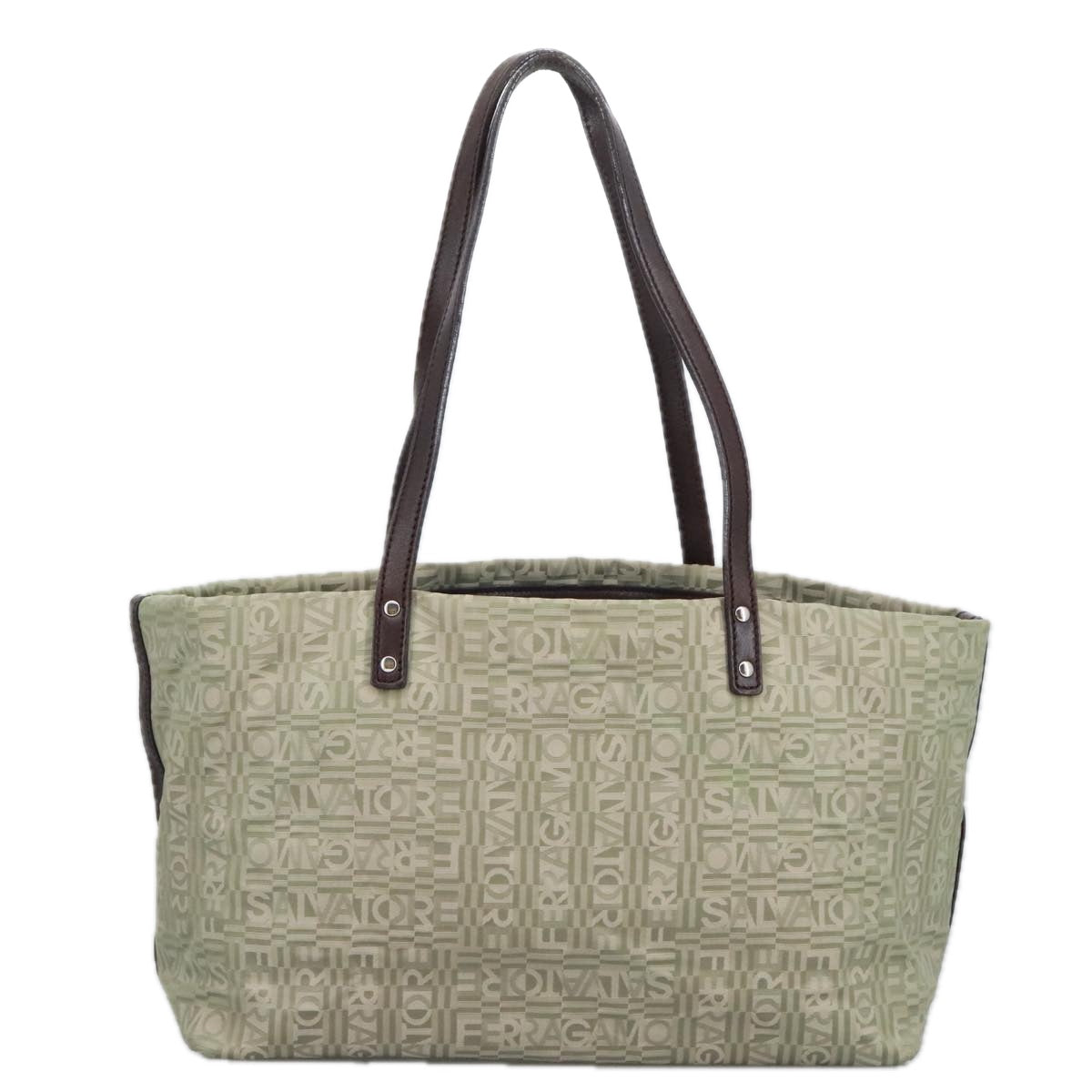 Salvatore Ferragamo Gancini Tote Bag Canvas Green Brown Silver Auth bs19496 - 0