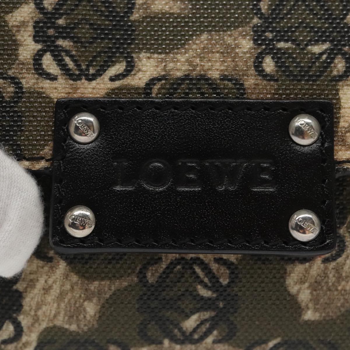 LOEWE Anagram Shoulder Bag PVC Khaki Black Silver Auth bs19502