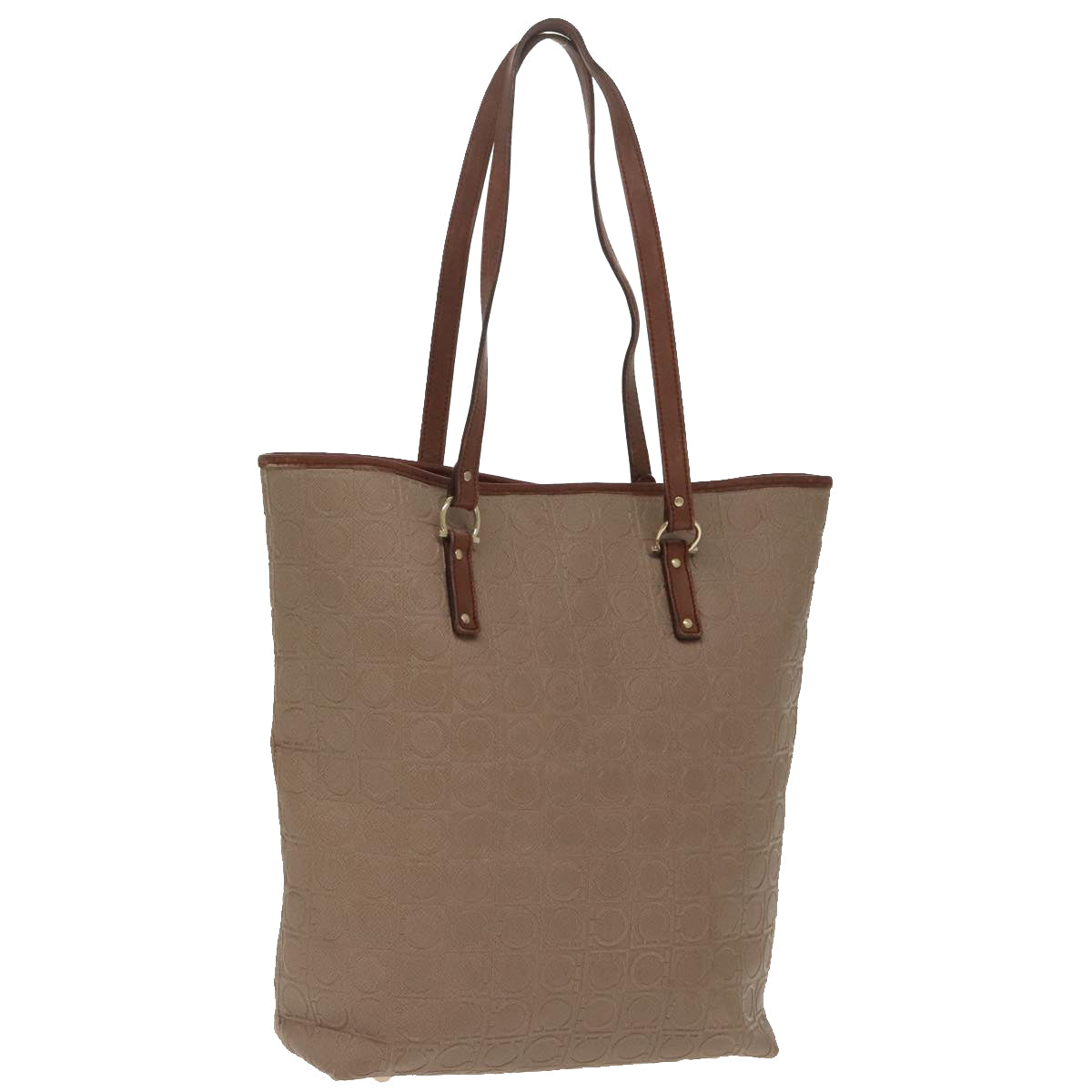 Salvatore Ferragamo Gancini Tote Bag PVCCanvas Brown Gold Auth bs19508