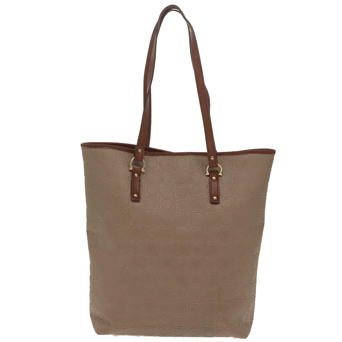 Salvatore Ferragamo Gancini Tote Bag PVCCanvas Brown Gold Auth bs19508 - 0