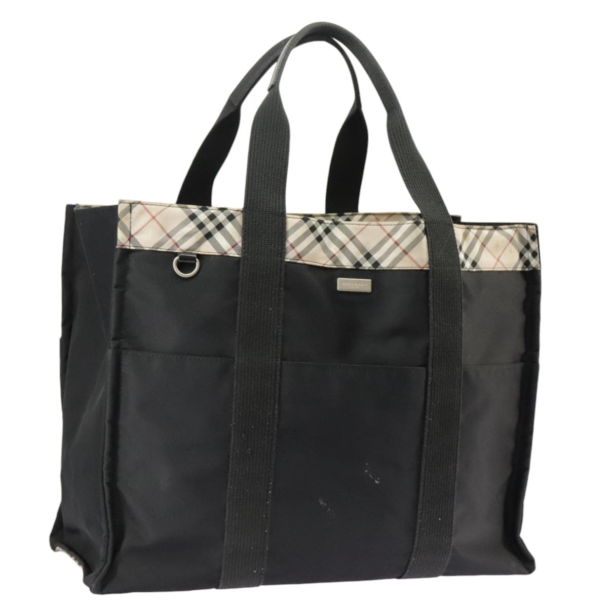 BURBERRY Nova Check Tote Bag Nylon Black Beige Silver Auth bs19518