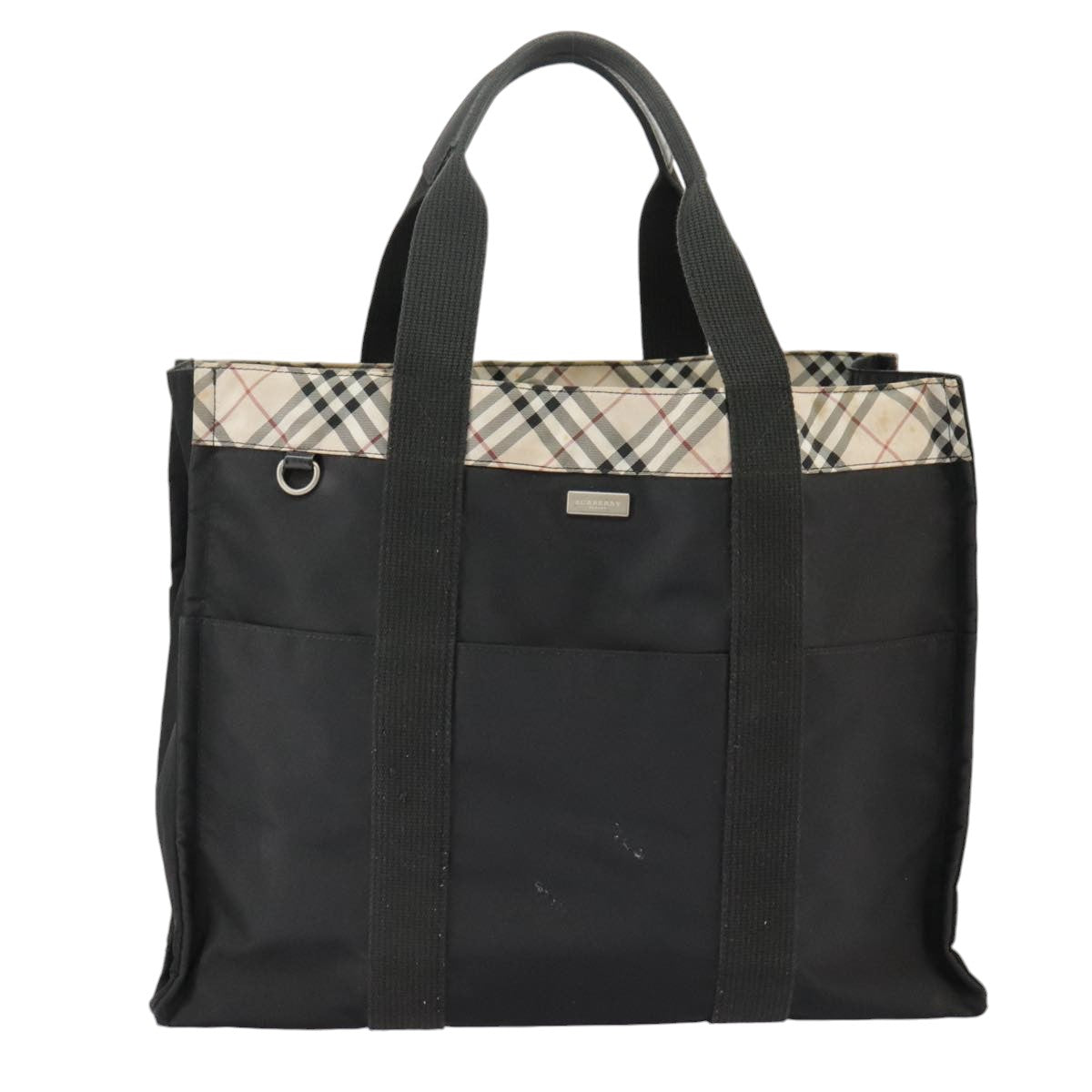 BURBERRY Nova Check Tote Bag Nylon Black Beige Silver Auth bs19518