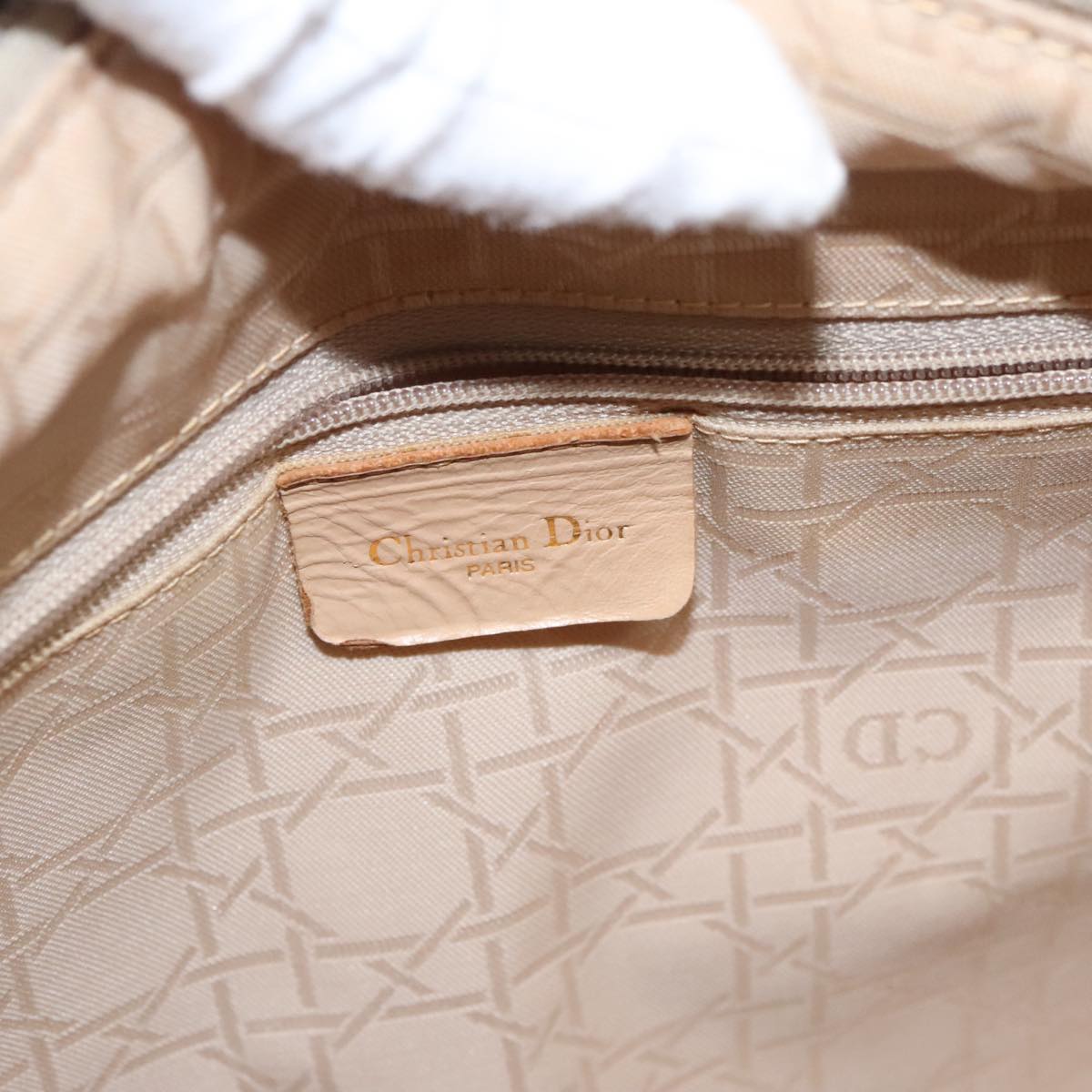 Christian Dior Lady Dior Canage Hand Bag Nylon Beige Gold Auth bs19564