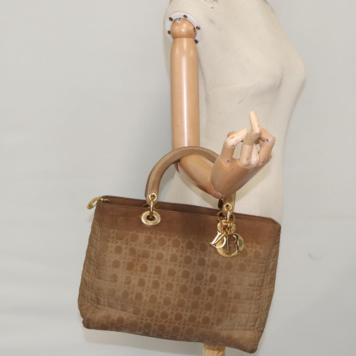 Christian Dior Lady Dior Canage Hand Bag Nylon Beige Gold Auth bs19564