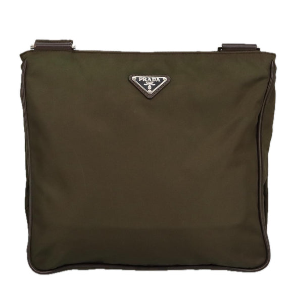PRADA Shoulder Bag Nylon Khaki Brown Silver Auth bs19573