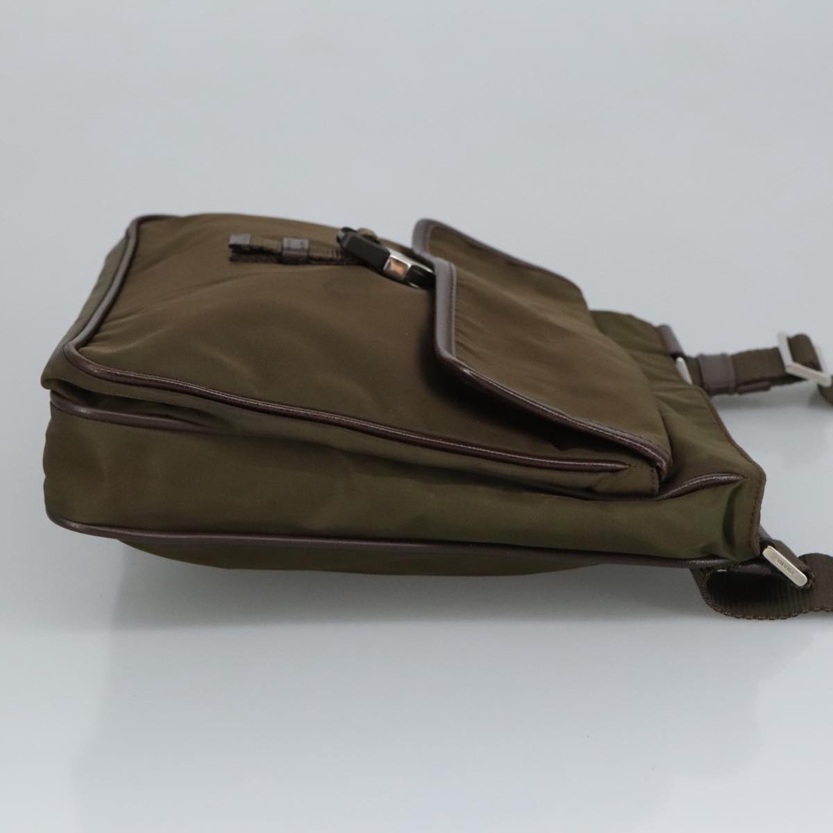 PRADA Shoulder Bag Nylon Khaki Brown Silver Auth bs19573