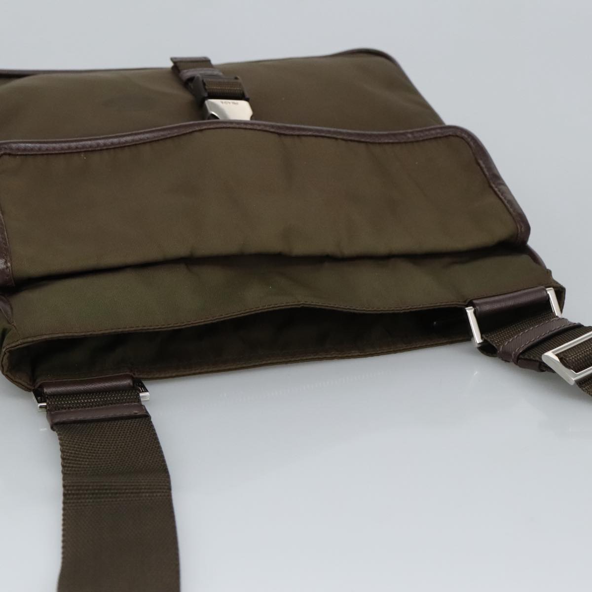 PRADA Shoulder Bag Nylon Khaki Brown Silver Auth bs19573