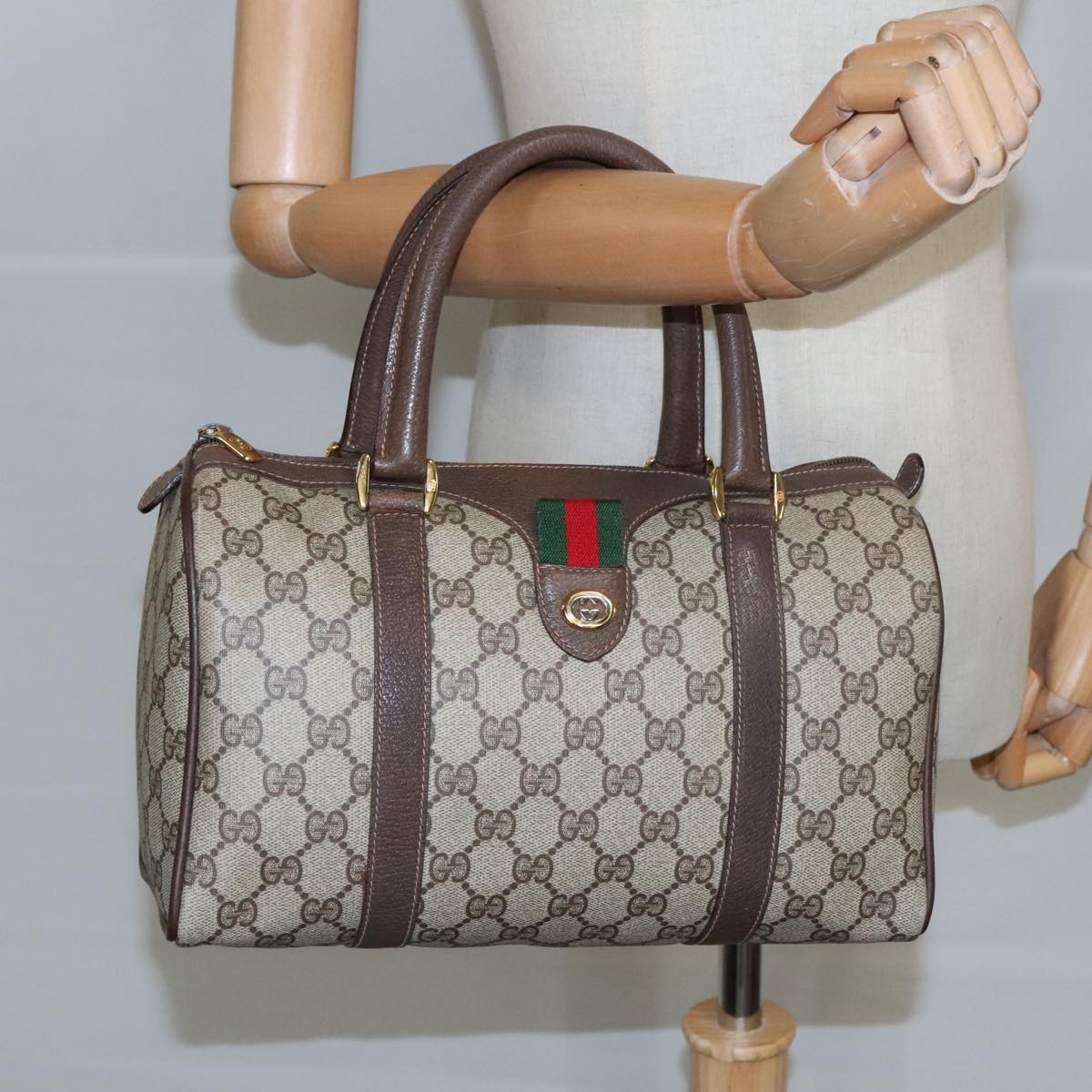 GUCCI GG Supreme Web Sherry Line Boston Bag PVC Beige 40 02 006 Auth bs19577