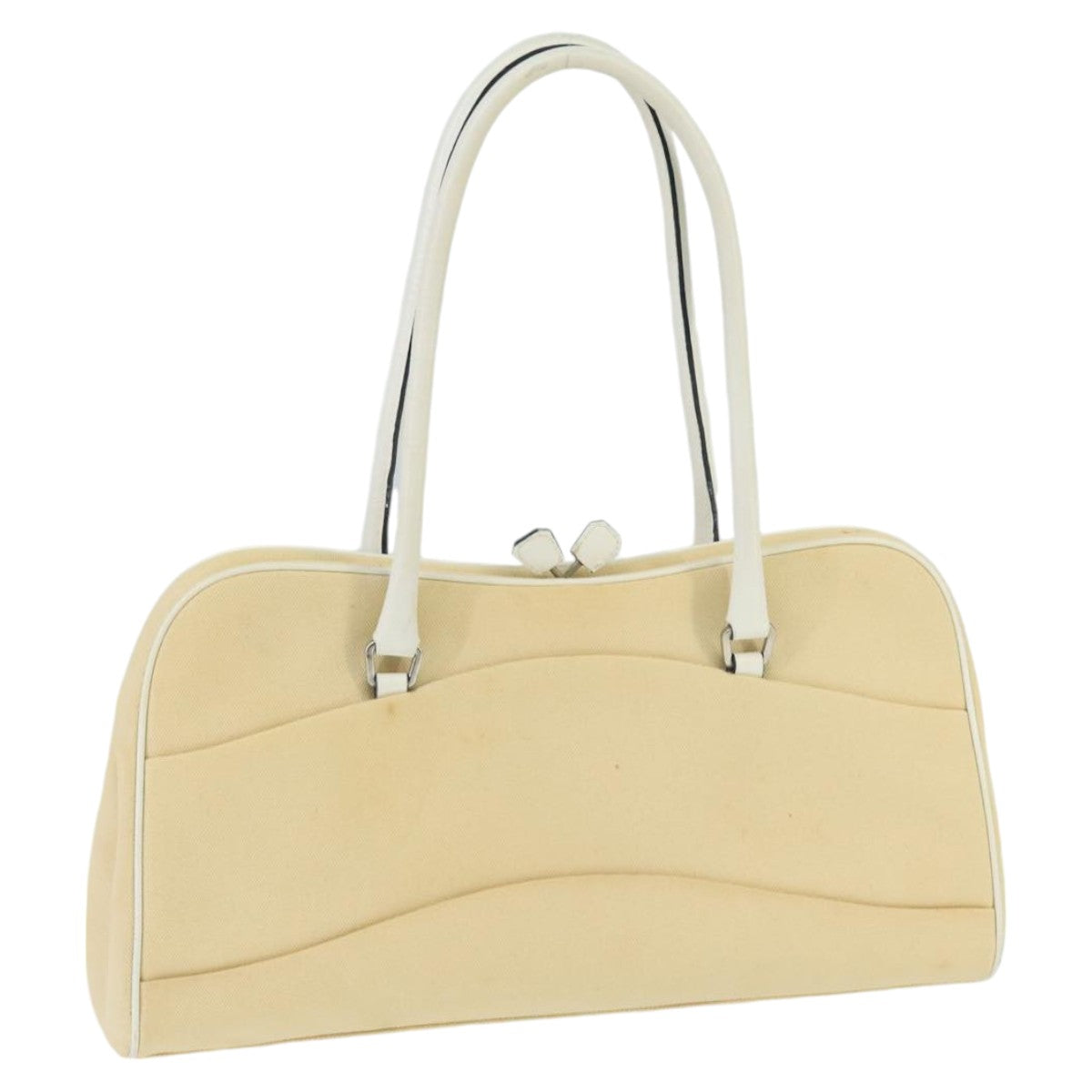 PRADA Hand Bag Canvas Beige Silver Auth bs19578