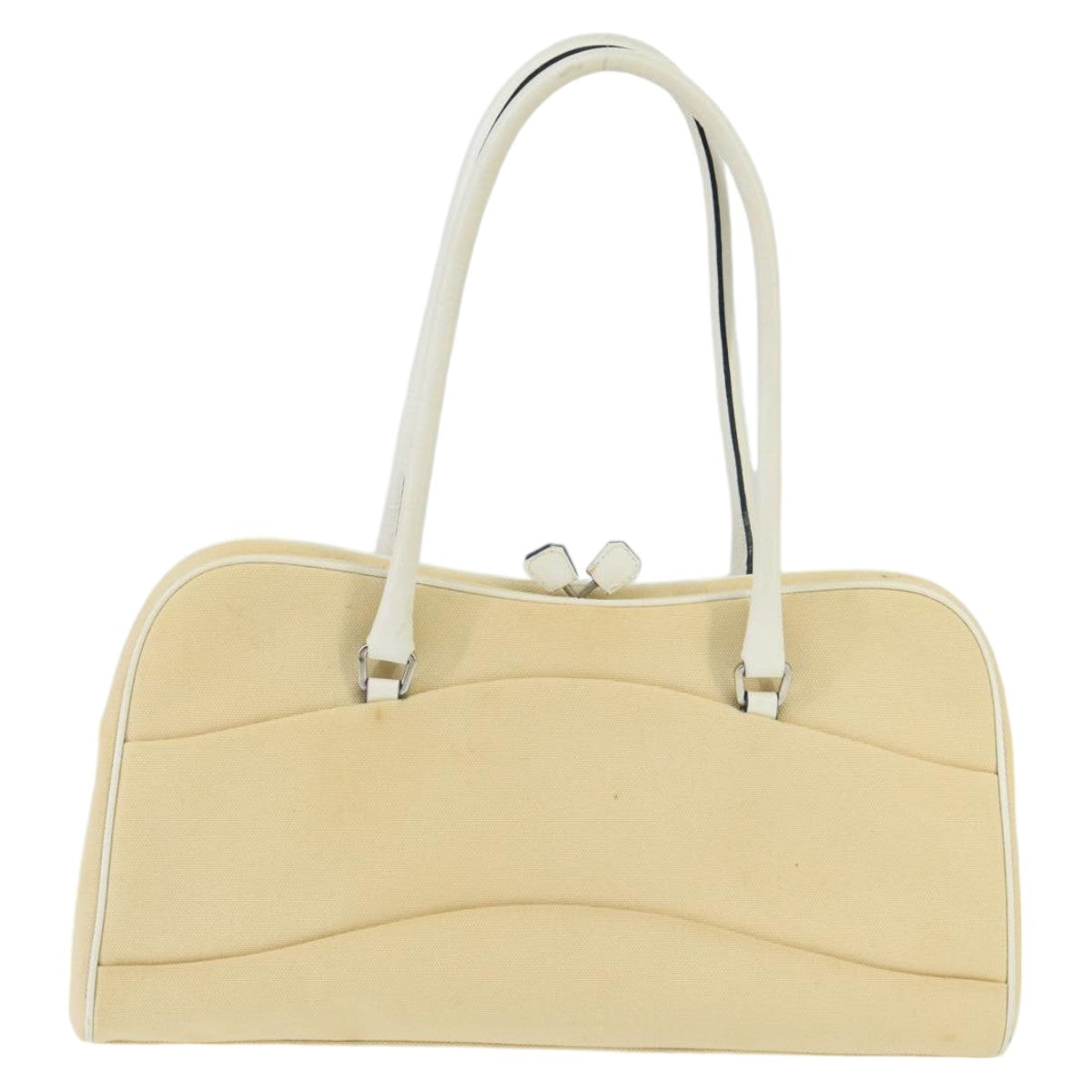 PRADA Hand Bag Canvas Beige Silver Auth bs19578