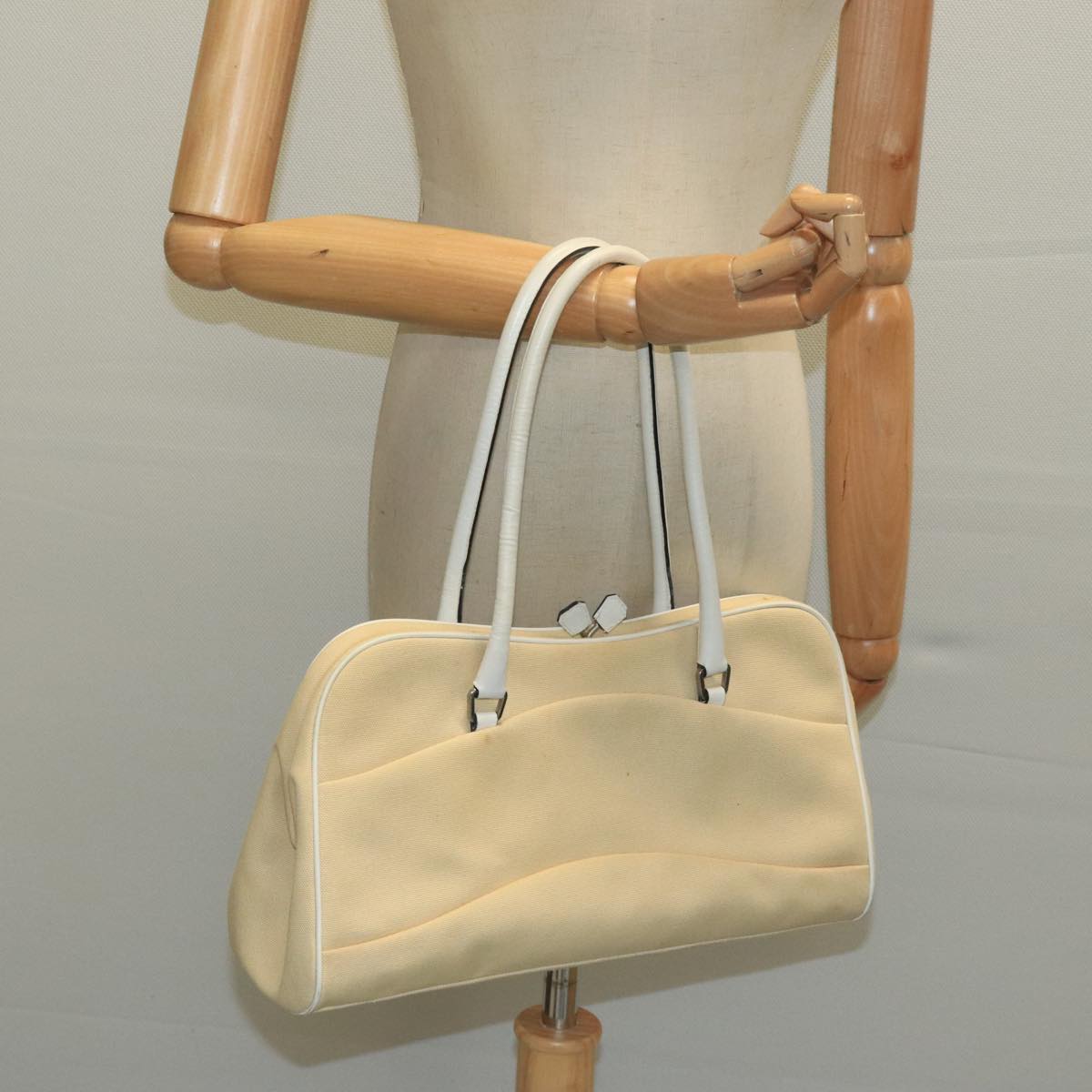 PRADA Hand Bag Canvas Beige Silver Auth bs19578