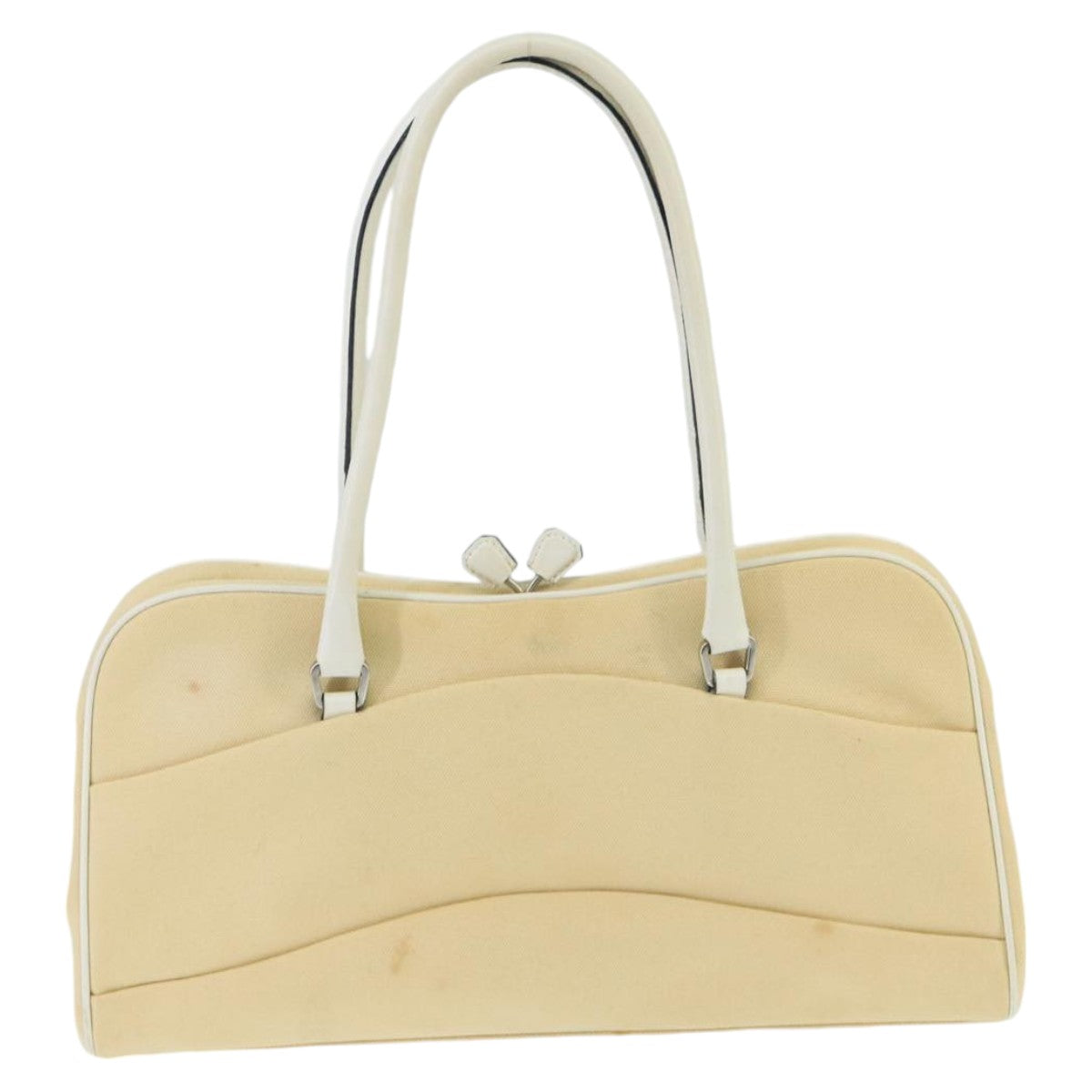 PRADA Hand Bag Canvas Beige Silver Auth bs19578 - 0