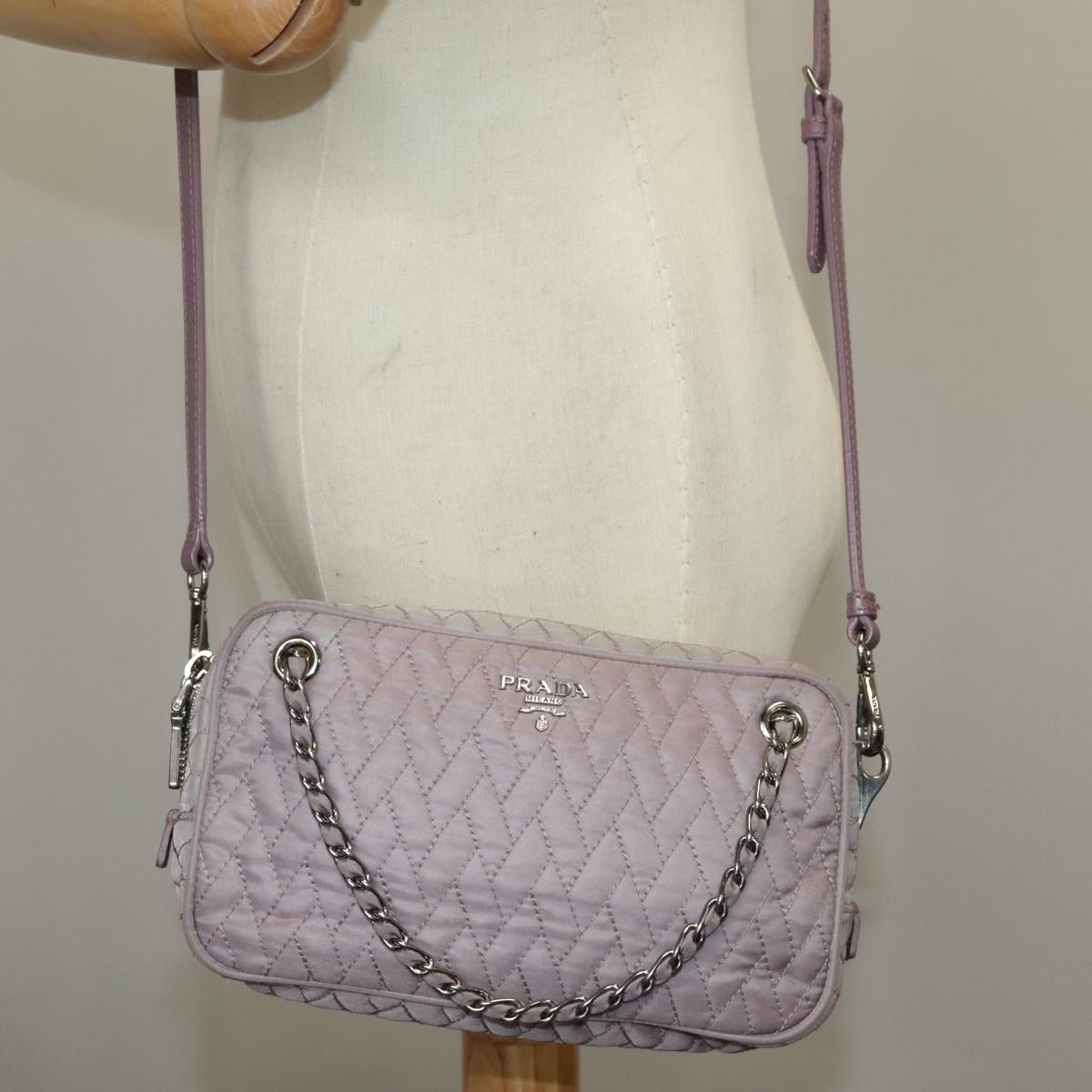 PRADA Chain Hand Bag Nylon 2way Purple Silver Auth bs19584