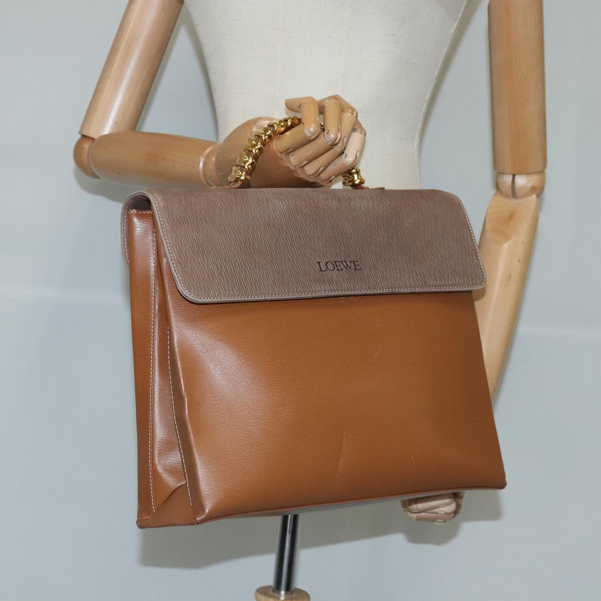 LOEWE Twist Handle Velazquez Hand Bag Leather Gold Brown Auth bs19610