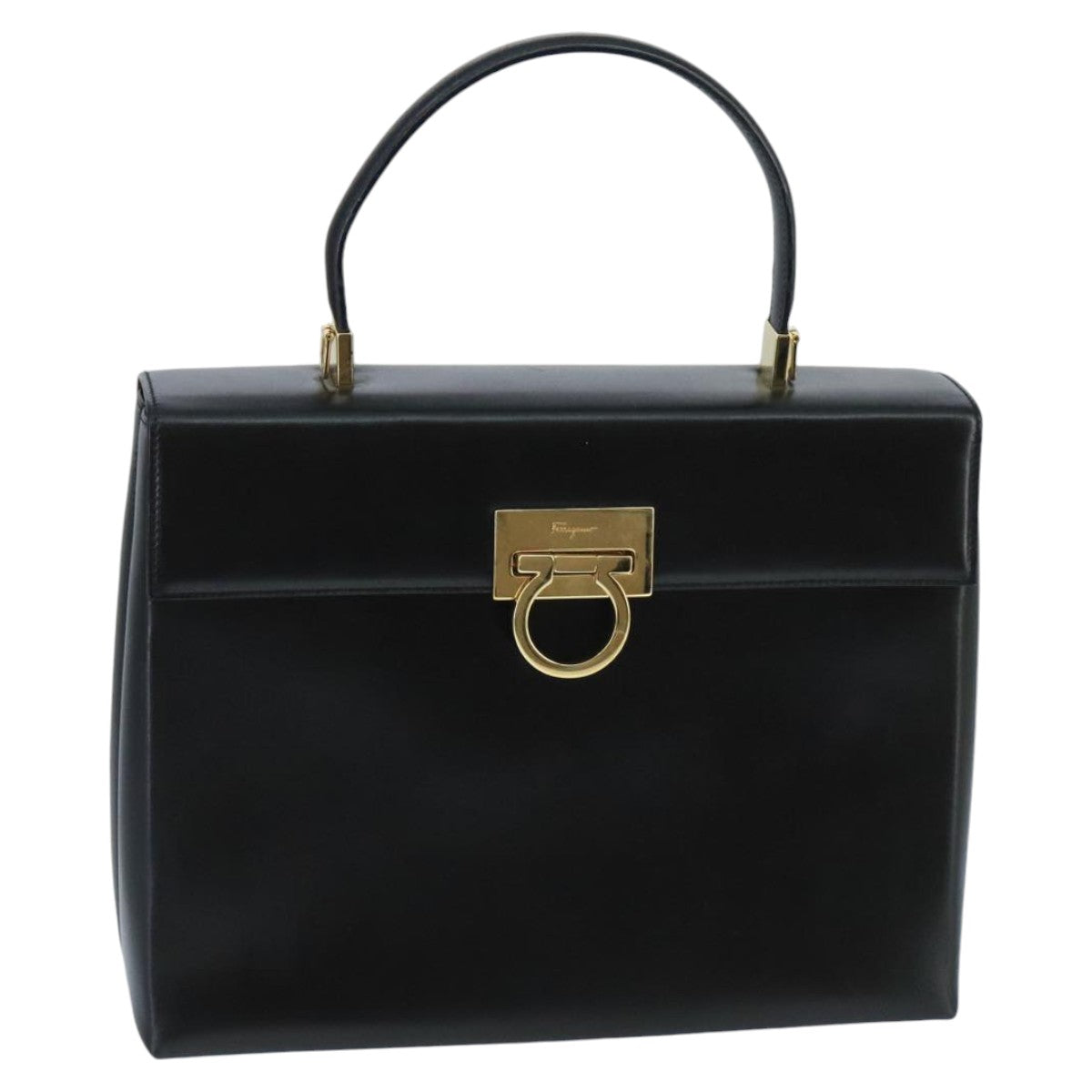 Salvatore Ferragamo Gancini Hand Bag Leather Black Gold Auth bs19613