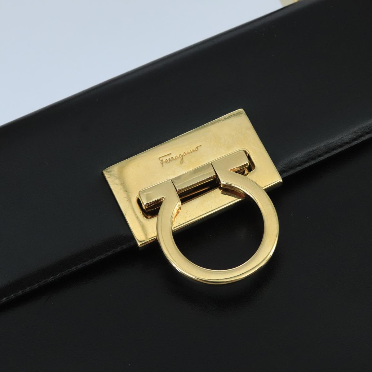 Salvatore Ferragamo Gancini Hand Bag Leather Black Gold Auth bs19613