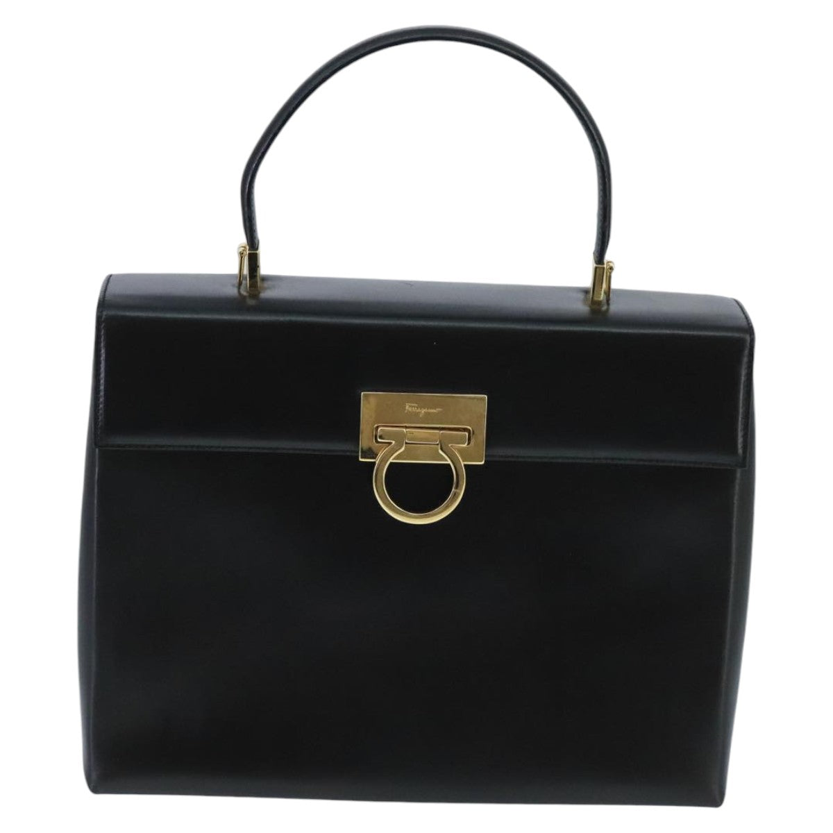 Salvatore Ferragamo Gancini Hand Bag Leather Black Gold Auth bs19613