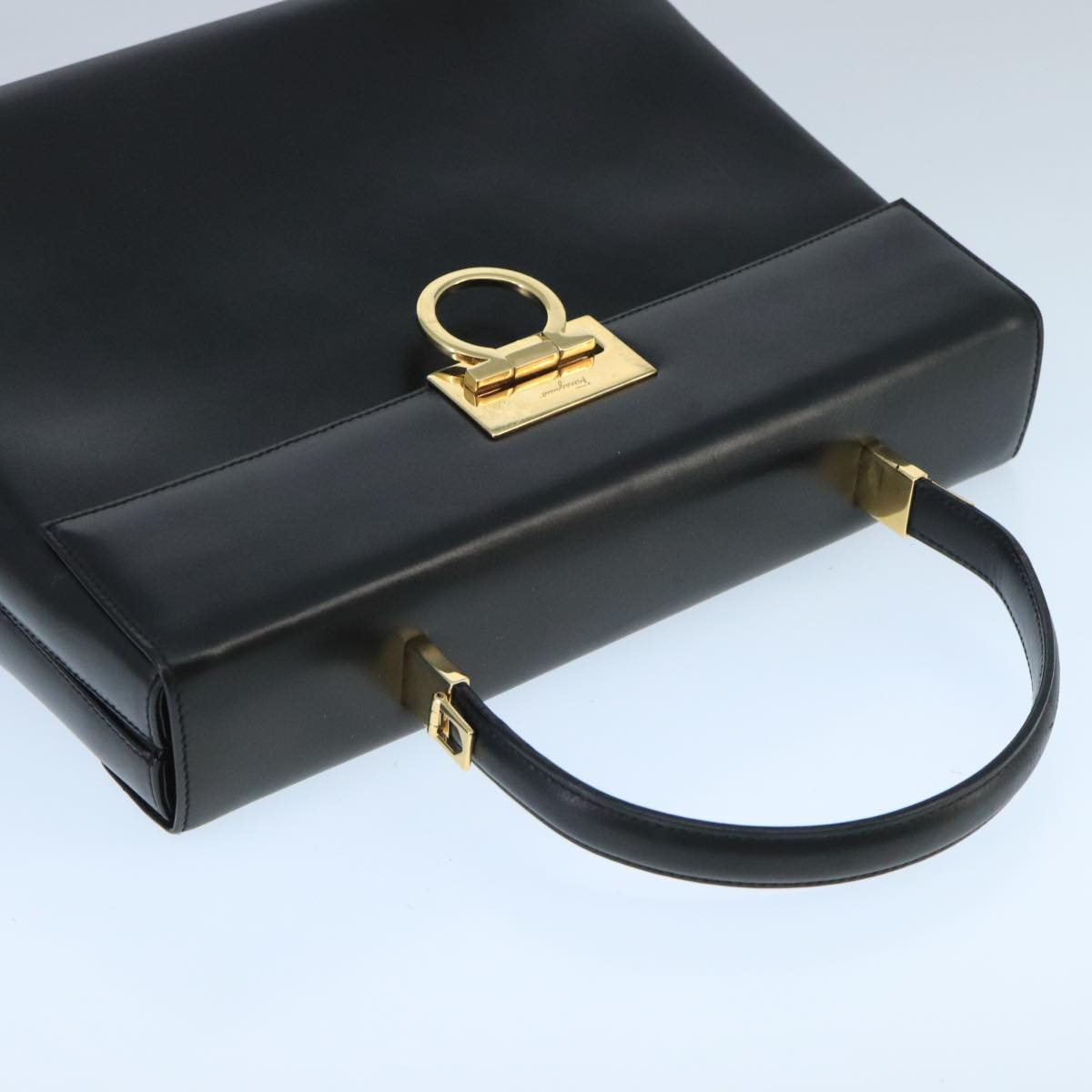 Salvatore Ferragamo Gancini Hand Bag Leather Black Gold Auth bs19613