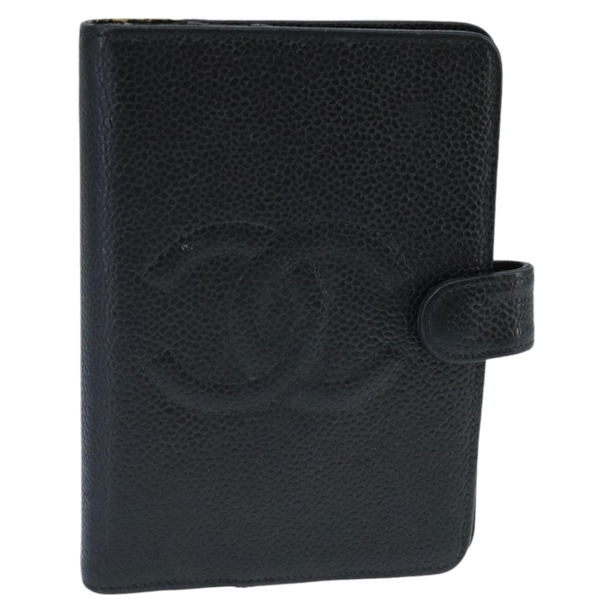 CHANEL COCO Mark Agenda Day Planner Cover Caviar Skin Black Gold CC Auth bs19619