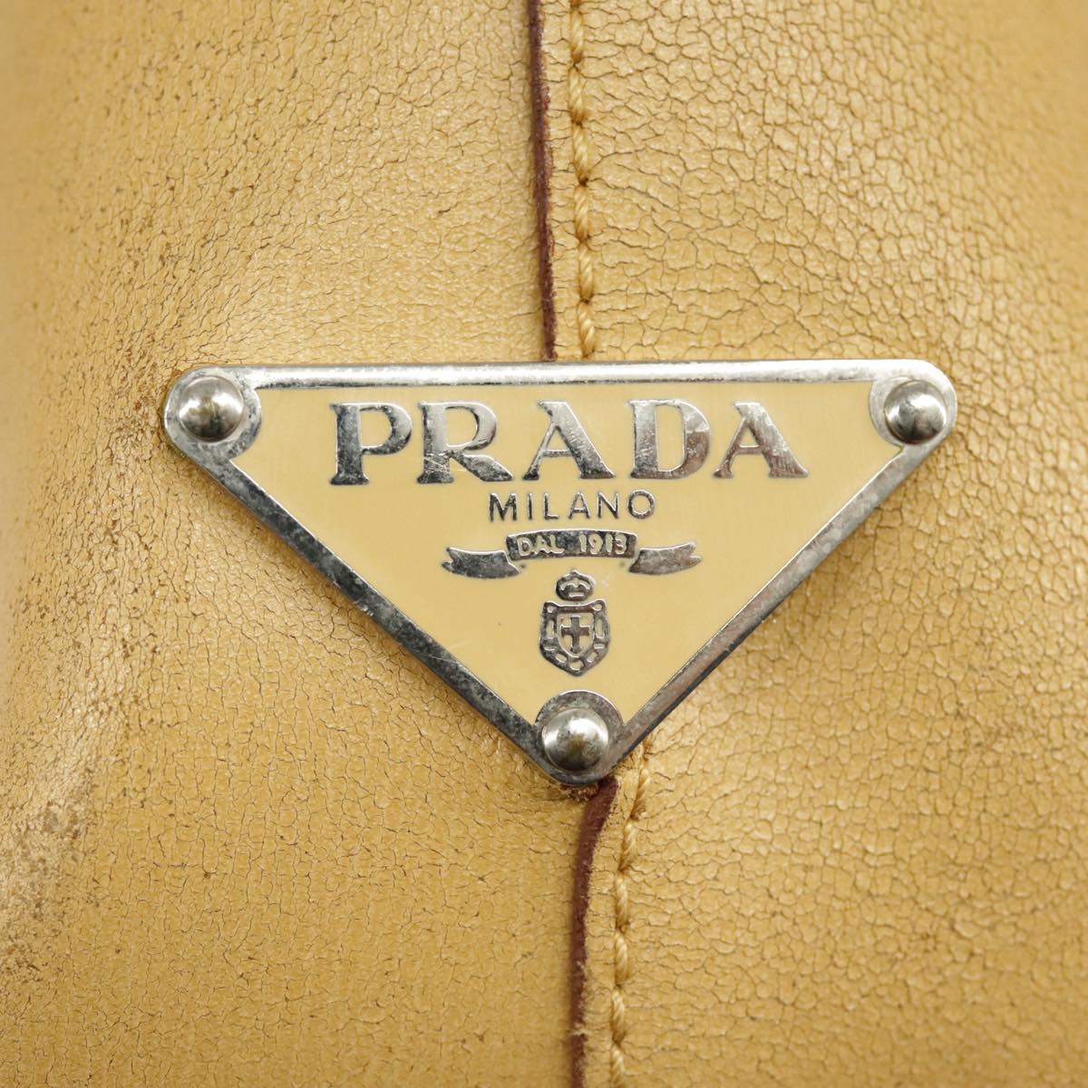 PRADA Tote Bag Leather Beige Silver Auth bs19622