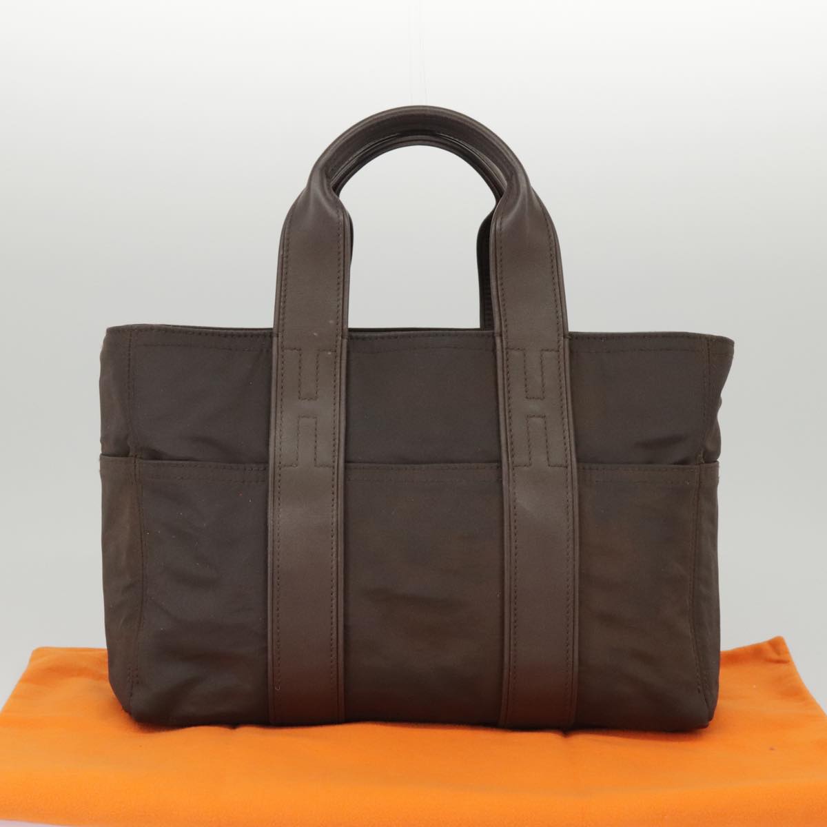 HERMES Acape Luco PM Tote Bag Nylon Brown Silver Auth bs19634