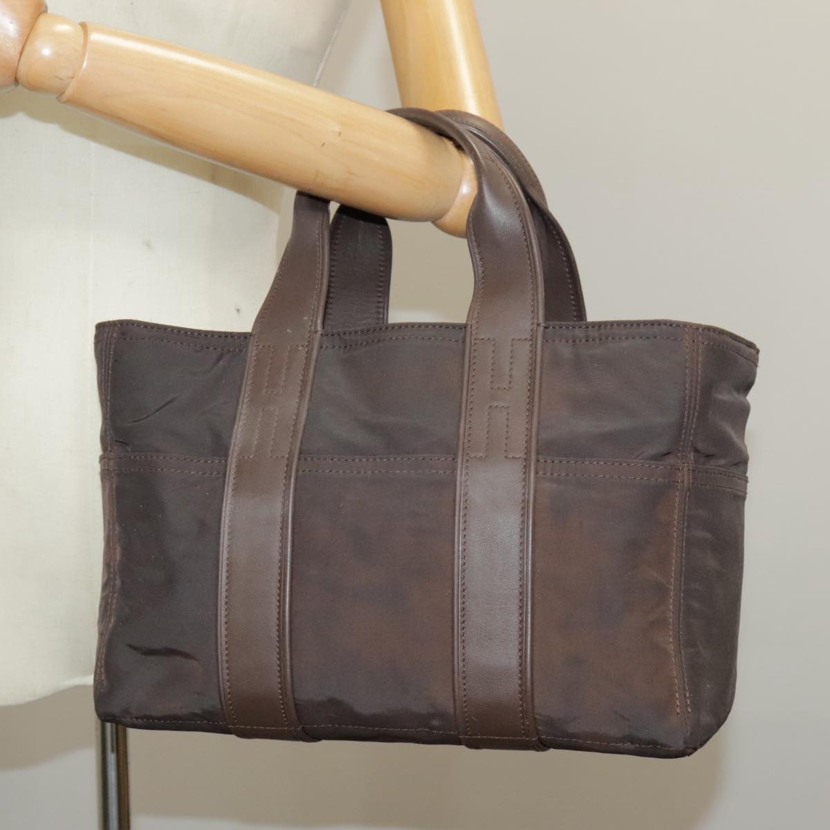 HERMES Acape Luco PM Tote Bag Nylon Brown Silver Auth bs19634