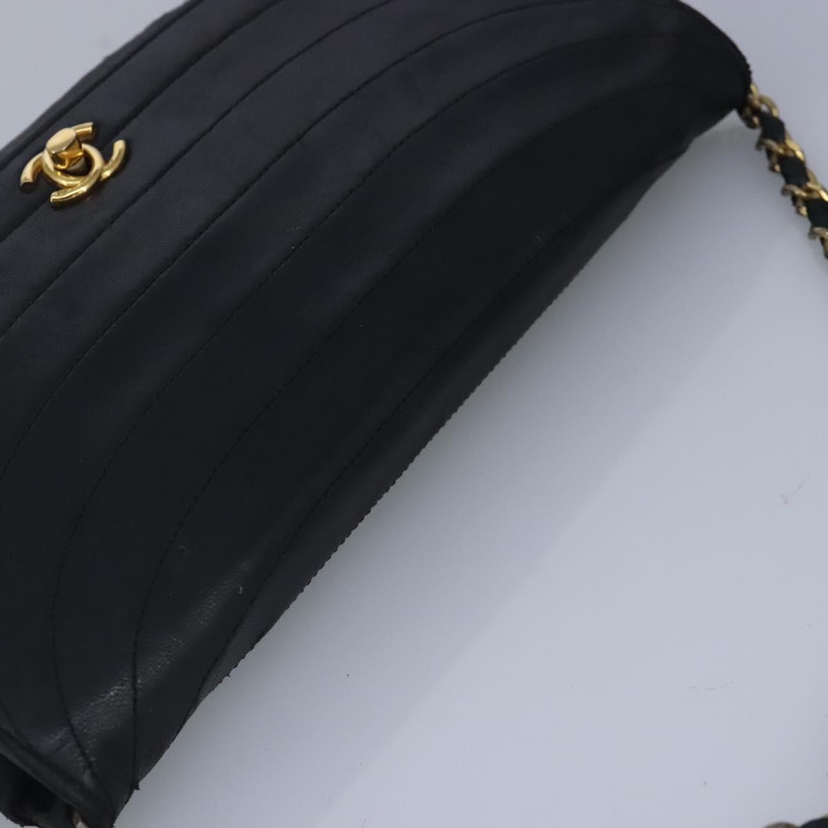 CHANEL Chain Shoulder Bag Lamb Skin Black Gold CC Auth bs19645