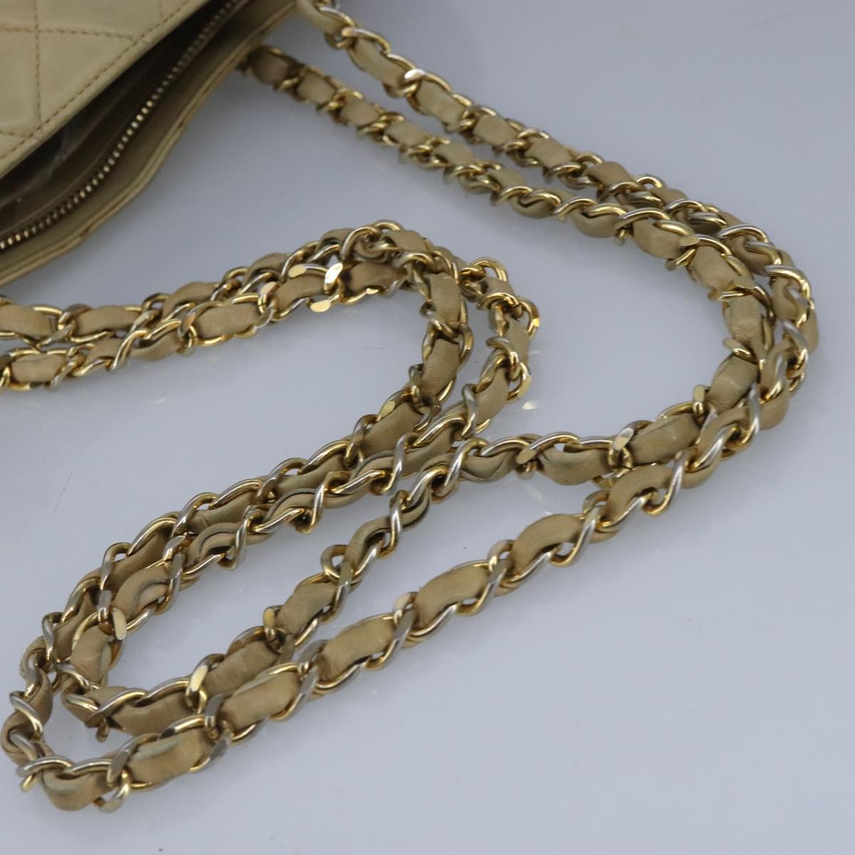 CHANEL Matelasse Chain Shoulder Bag Lamb Skin Beige Gold CC Auth bs19648