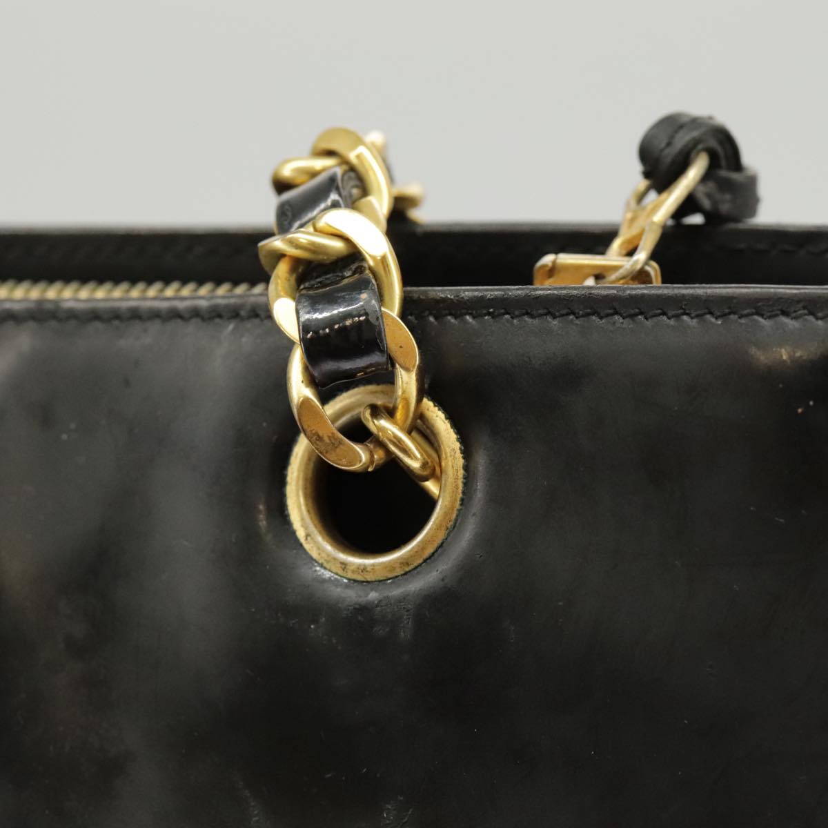 CHANEL Chain Shoulder Bag Patent leather Black Gold CC Auth bs19650