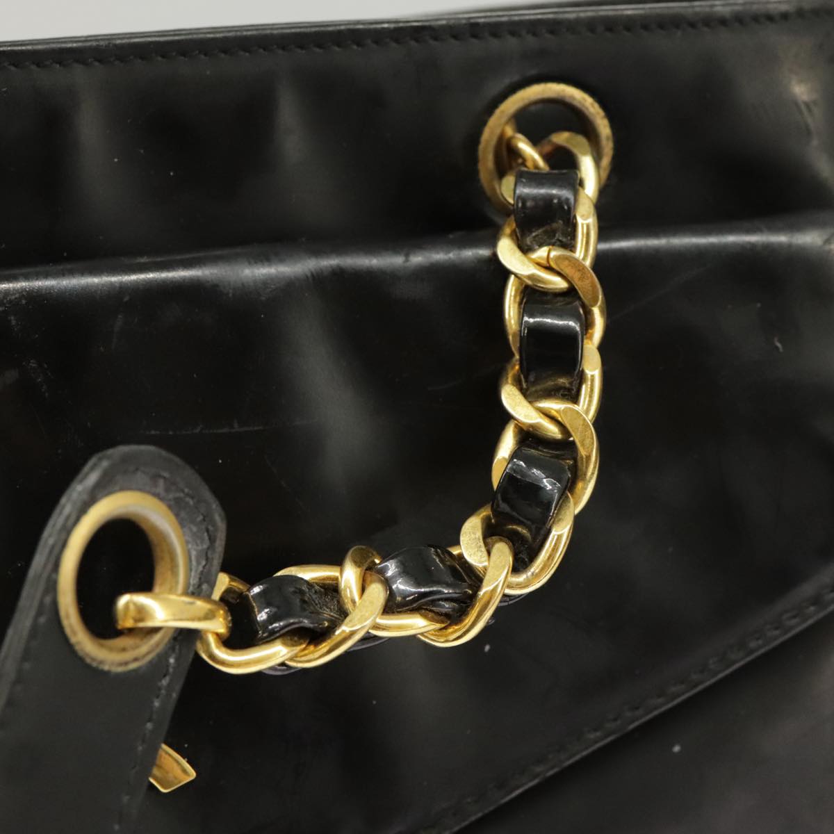 CHANEL Chain Shoulder Bag Patent leather Black Gold CC Auth bs19650