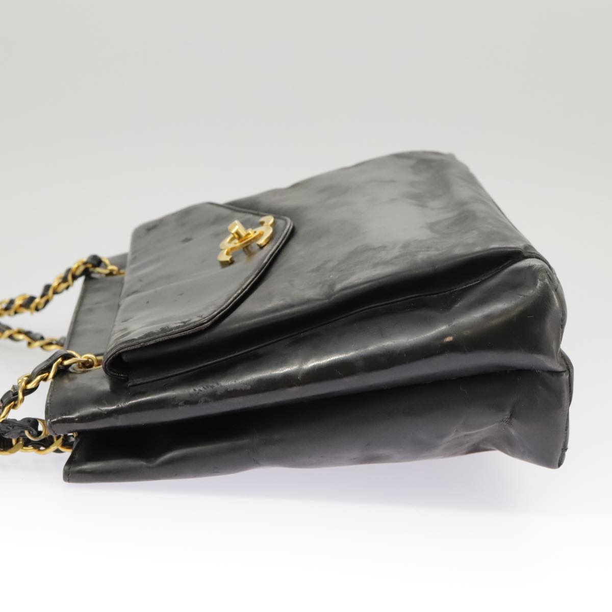 CHANEL Chain Shoulder Bag Patent leather Black Gold CC Auth bs19650