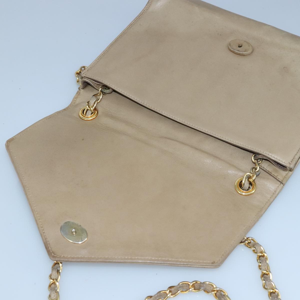 CHANEL Chain Shoulder Bag Lamb Skin Beige Gold CC Auth bs19652