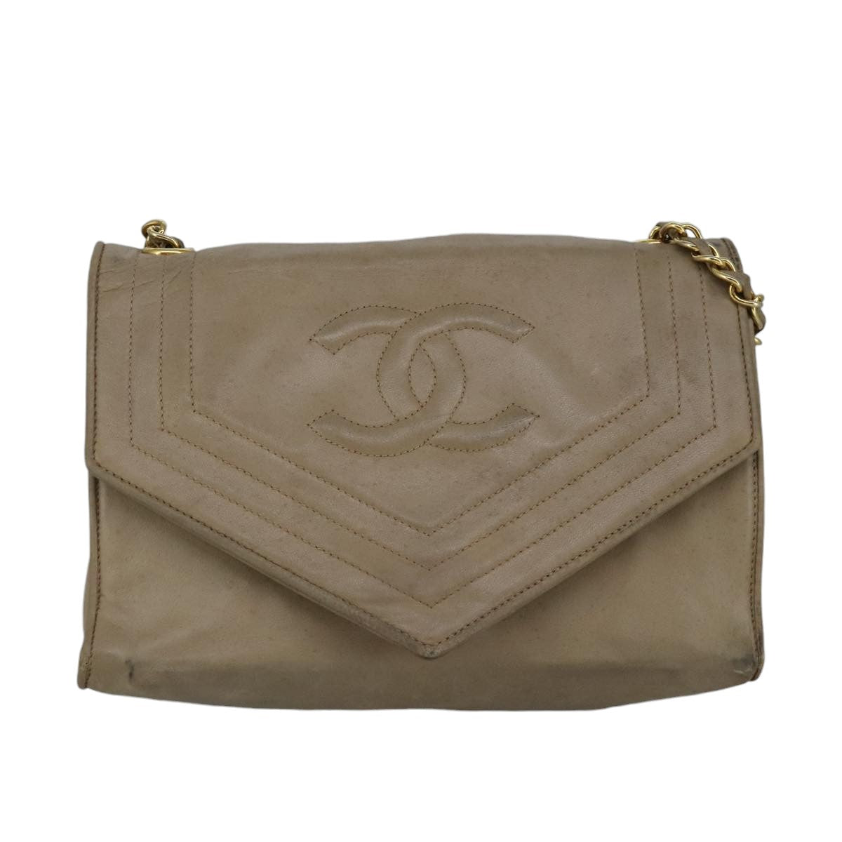 CHANEL Chain Shoulder Bag Lamb Skin Beige Gold CC Auth bs19652 - 0