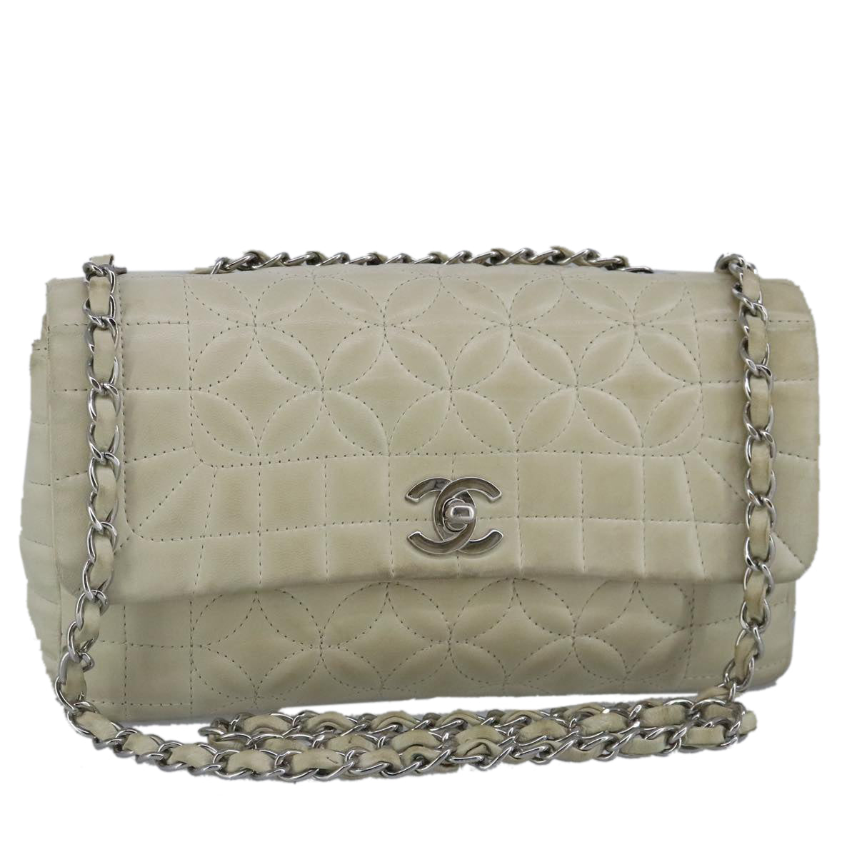 CHANEL Chain Flower Stitch Shoulder Bag Lamb Skin Beige Silver CC Auth bs19654