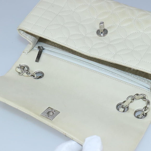 CHANEL Chain Flower Stitch Shoulder Bag Lamb Skin Beige Silver CC Auth bs19654