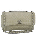 CHANEL Chain Flower Stitch Shoulder Bag Lamb Skin Beige Silver CC Auth bs19654-1
