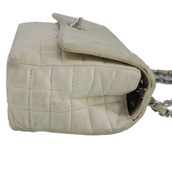 CHANEL Chain Flower Stitch Shoulder Bag Lamb Skin Beige Silver CC Auth bs19654
