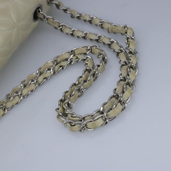 CHANEL Chain Flower Stitch Shoulder Bag Lamb Skin Beige Silver CC Auth bs19654