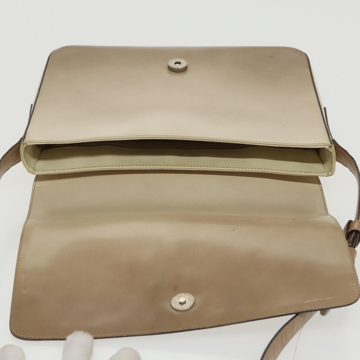 PRADA Shoulder Bag Patent leather Beige Silver Auth bs19663