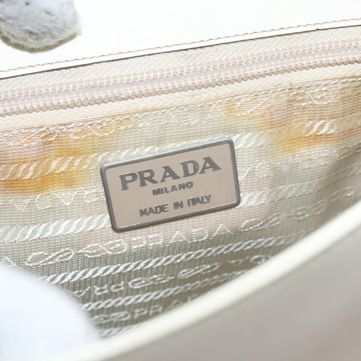 PRADA Shoulder Bag Patent leather Beige Silver Auth bs19663