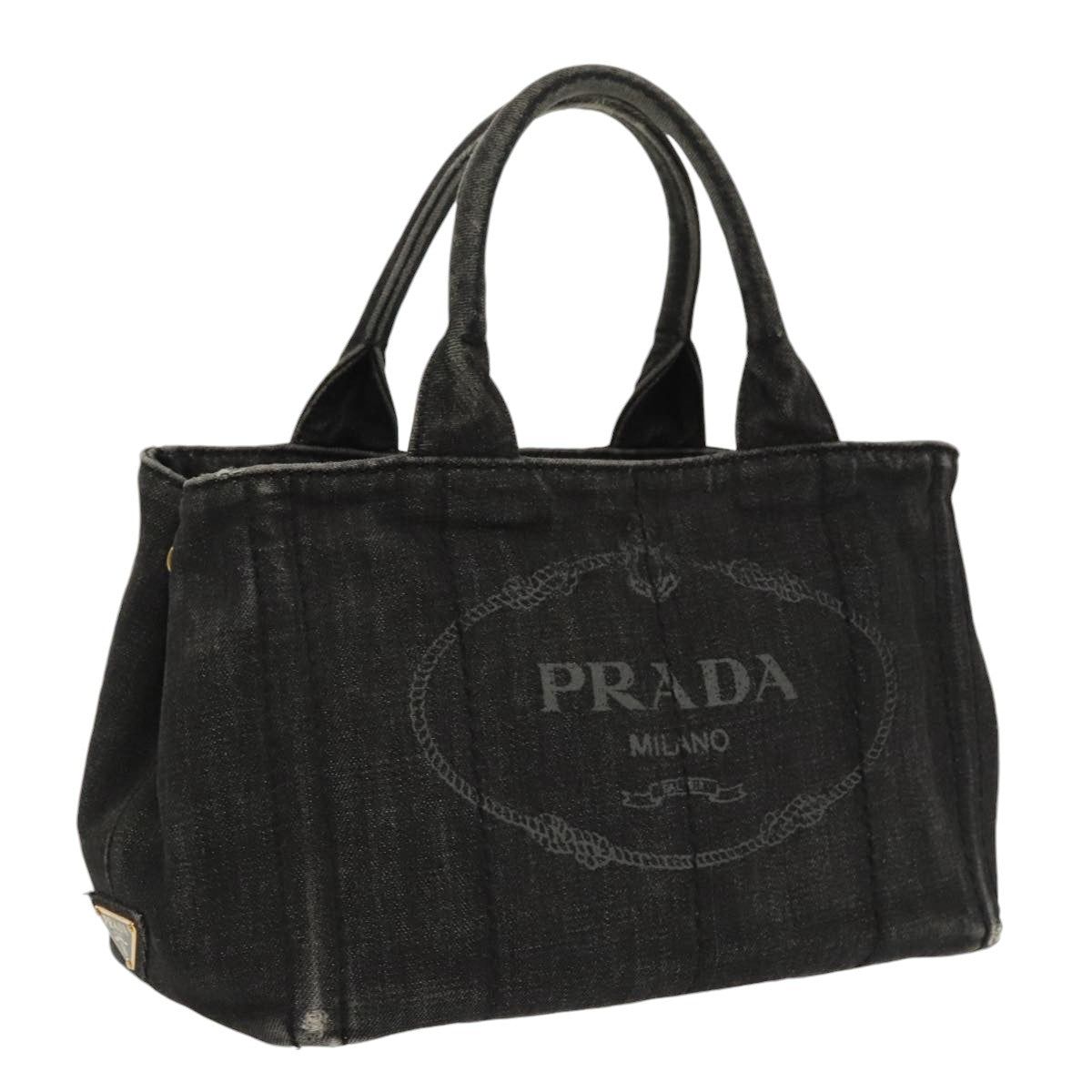 PRADA Canapa PM Hand Bag Canvas Black Gold Auth bs19666