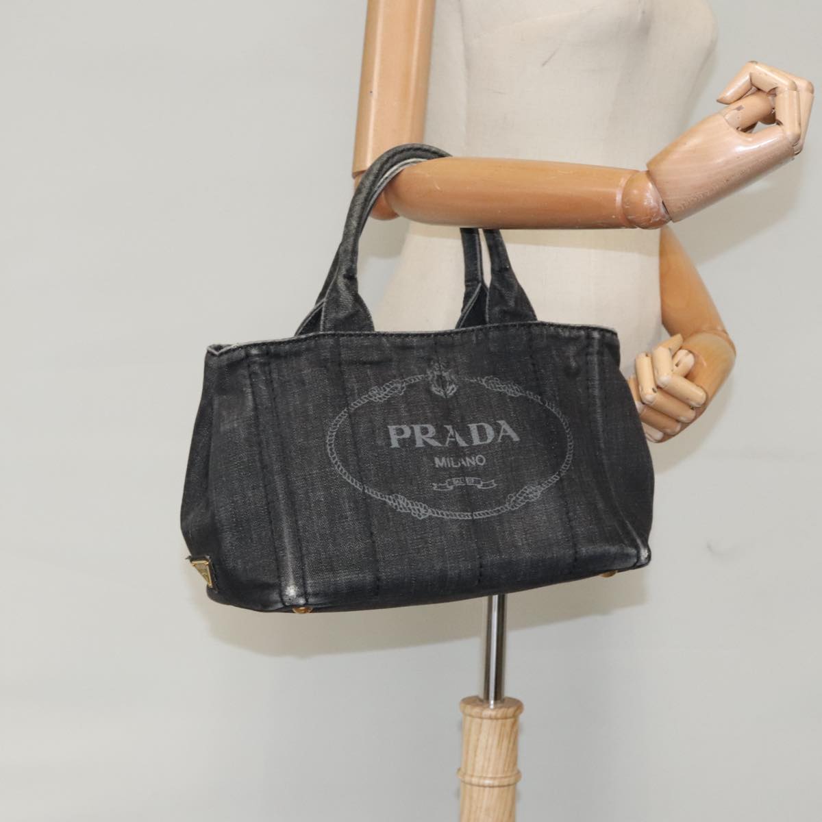 PRADA Canapa PM Hand Bag Canvas Black Gold Auth bs19666