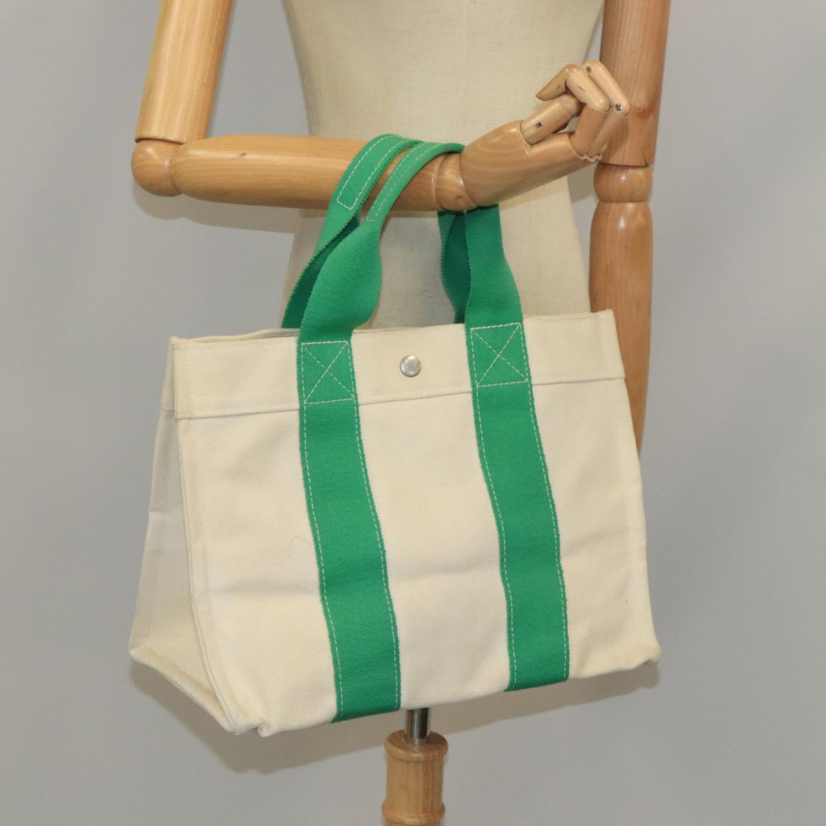 HERMES Bora Bora PM Tote Bag Canvas White Green Silver Auth bs19675