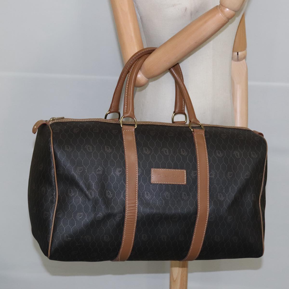 Christian Dior Honeycomb Canvas Boston Bag PVC Black Brown Gold Auth bs19691