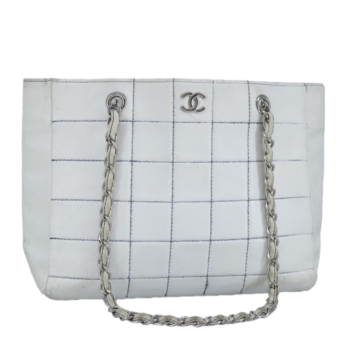 CHANEL Choco Bar Chain Tote Bag Leather White CC Auth bs19700