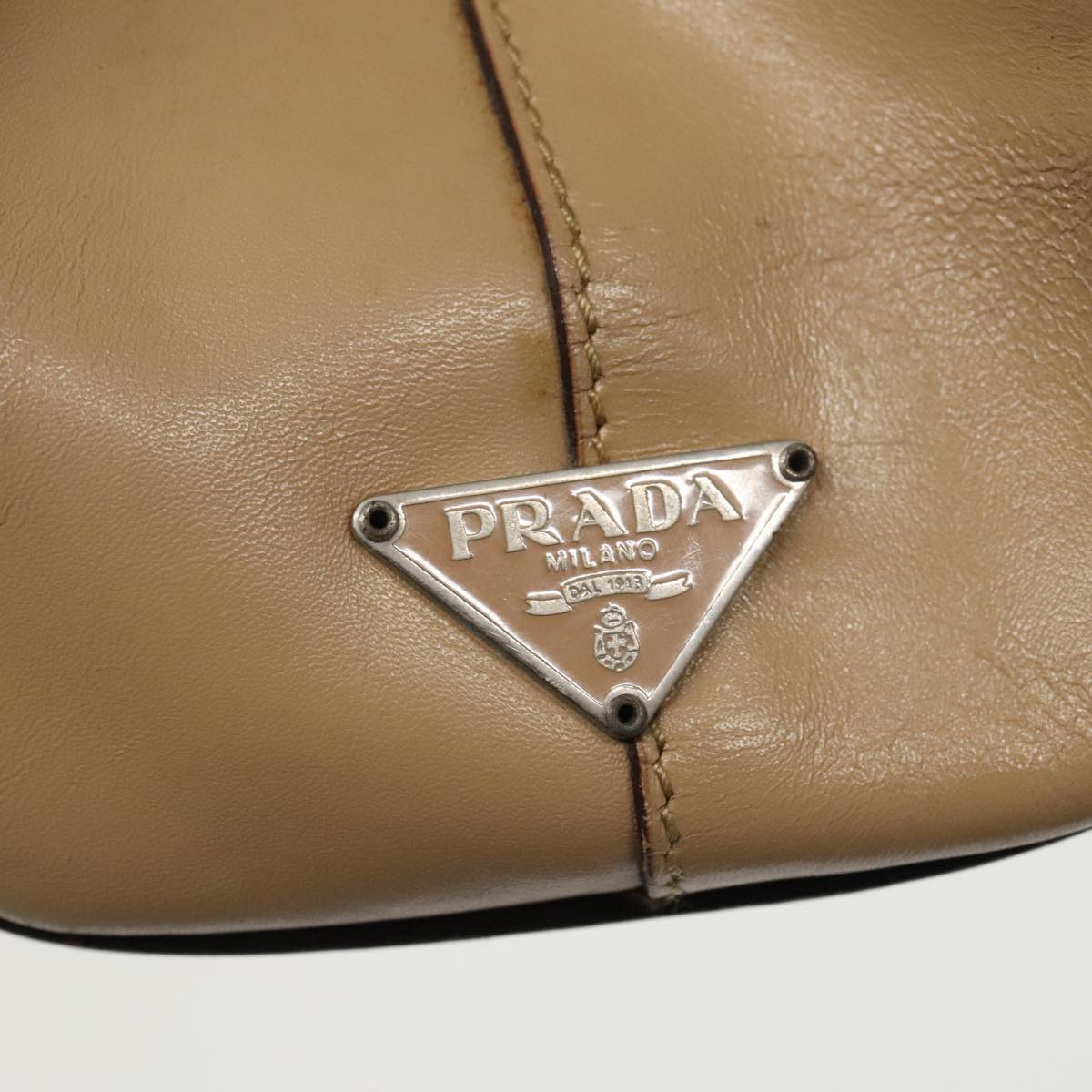 PRADA Hand Bag Leather Beige Silver Auth bs19717