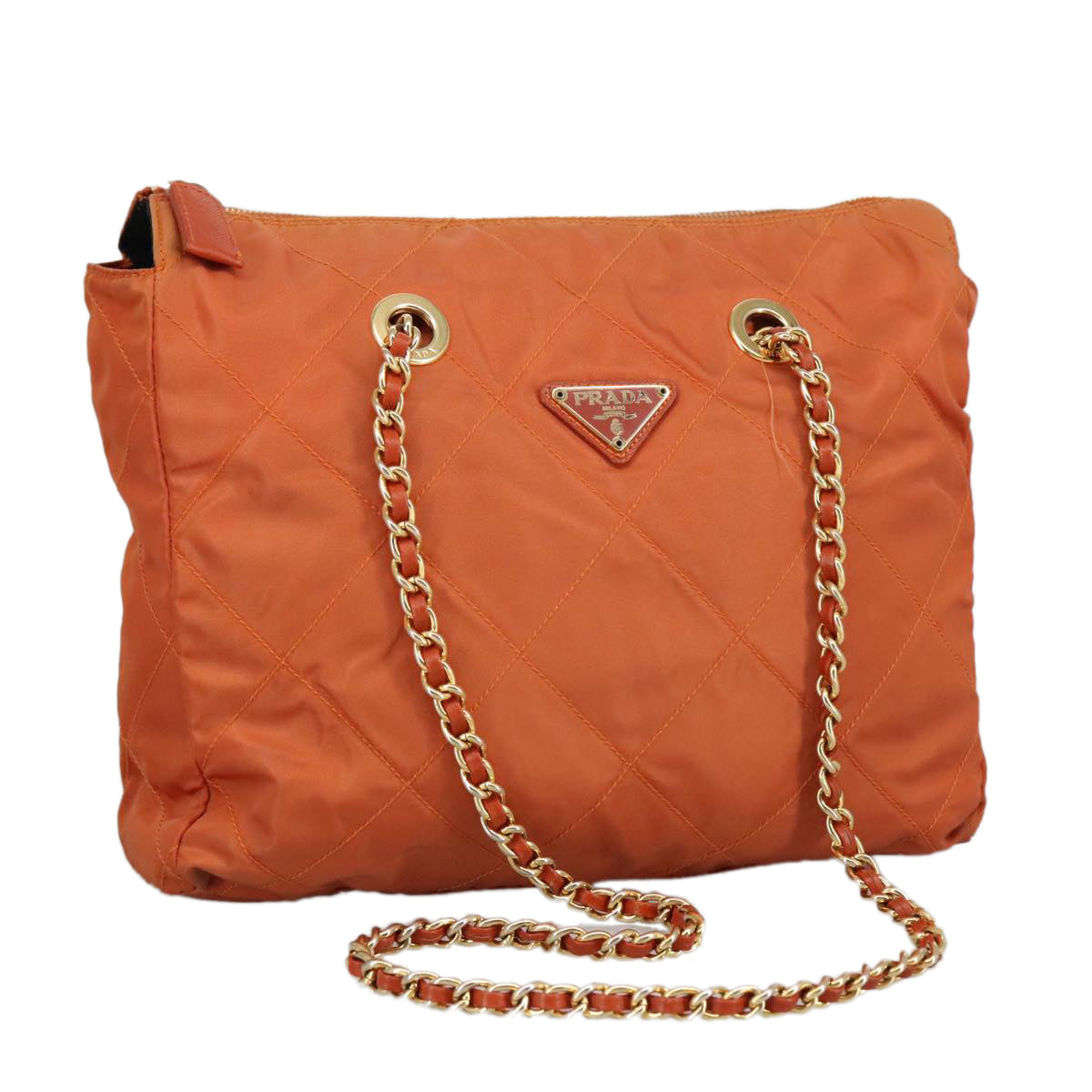 PRADA Chain Shoulder Bag Nylon Orange Gold Auth bs19722