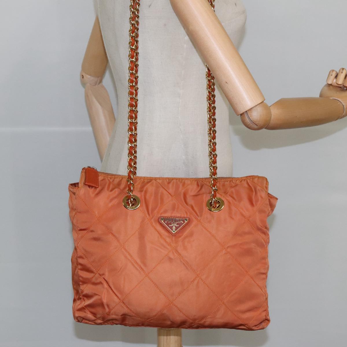 PRADA Chain Shoulder Bag Nylon Orange Gold Auth bs19722