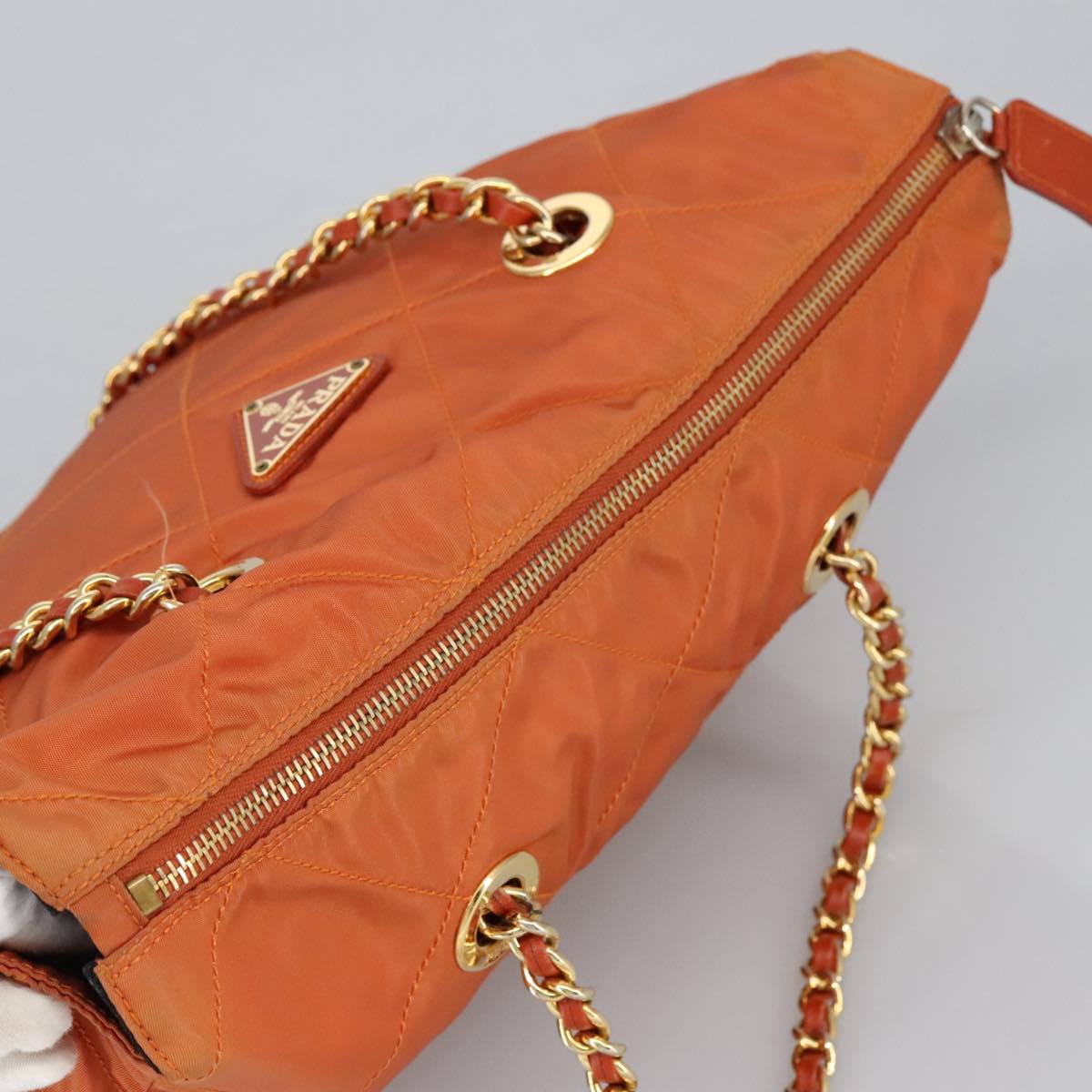 PRADA Chain Shoulder Bag Nylon Orange Gold Auth bs19722